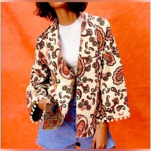 Zara Cotton Paisley Boho Kimono Jacket with Tassels, size XS